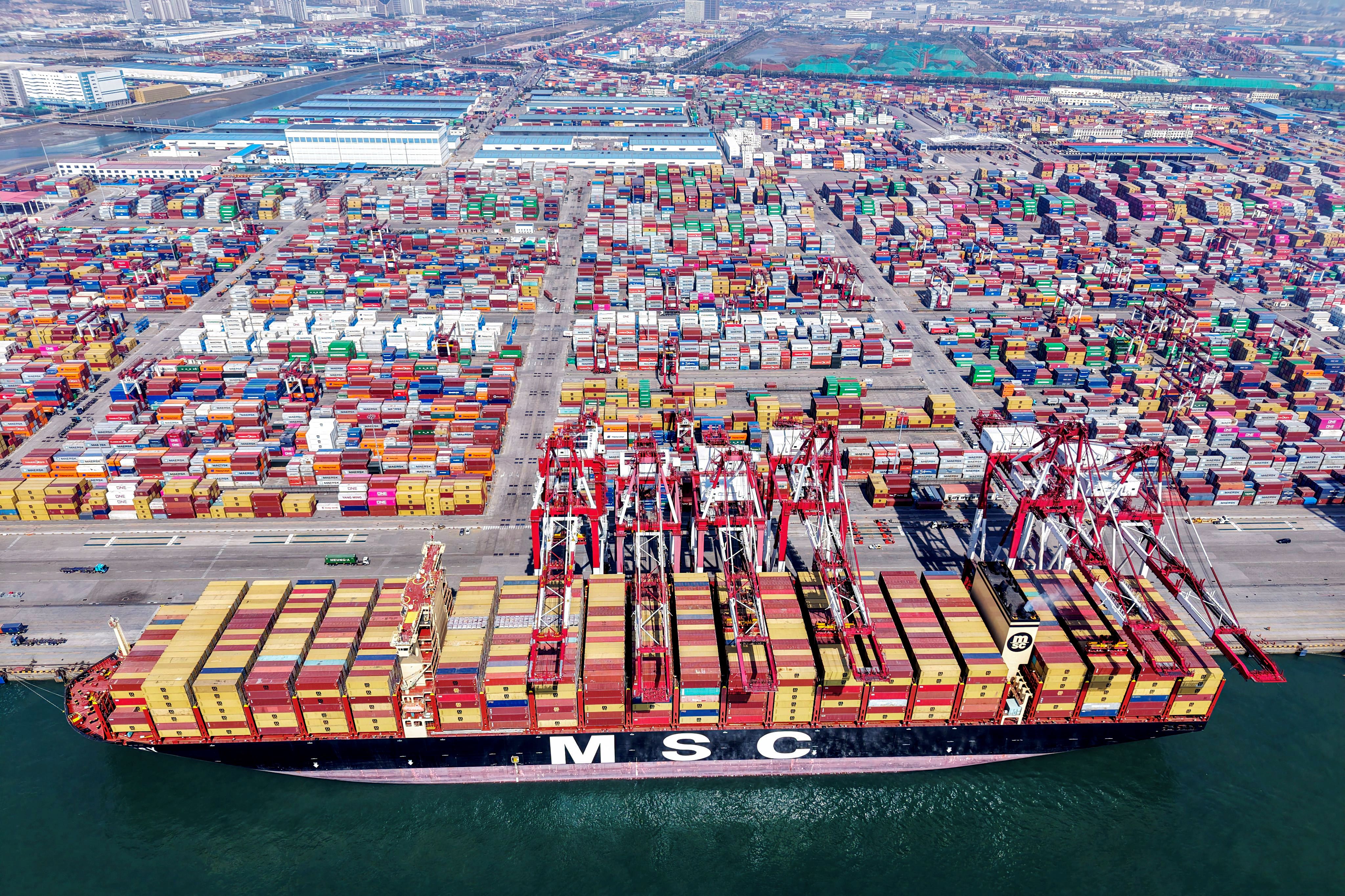 A container ship is seen at the port in Qingdao, in China's eastern Shandong province on April 15, 2025.