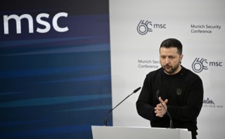 (FILES) Ukrainian President Volodymyr Zelensky delivers his speech at the 60th Munich Security Conference (MSC) at the Bayerischer Hof hotel in Munich, southern Germany, on February 17, 2024.