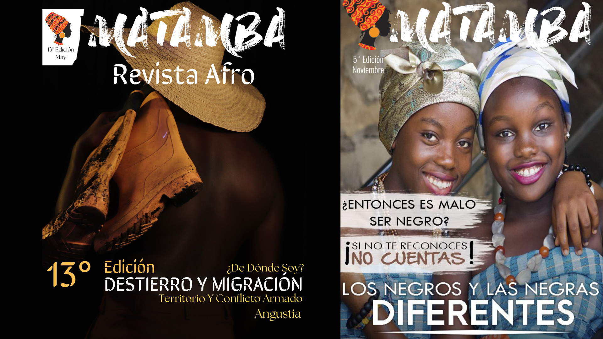 A la derecha, la portada de la edición número trece sobre destierro y migración. A la izquierda, la portada de la edición número cinco "Los negros y las negras diferentes".