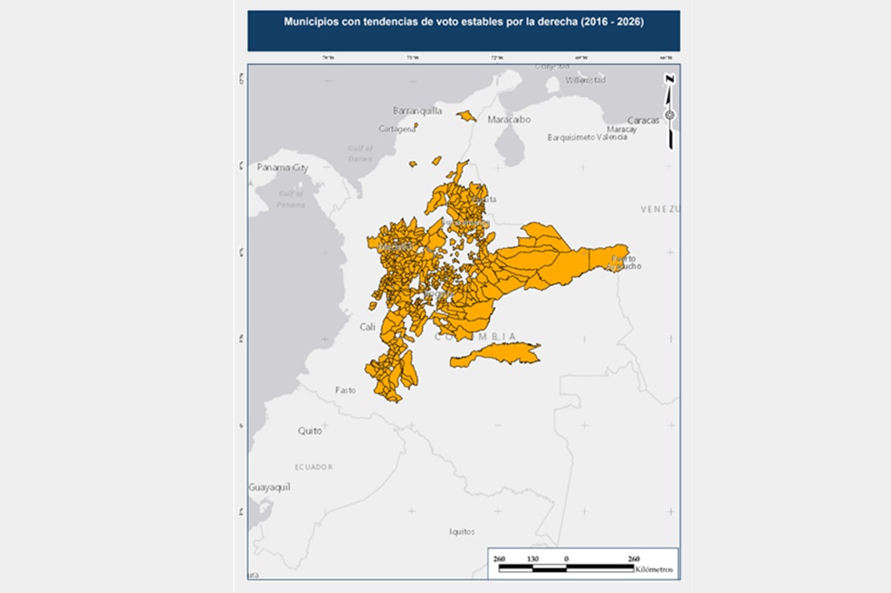 Municipios colombianos que muestran una tendencia de votos estable para la derecha política en el período comprendido entre 2026 y 2026.