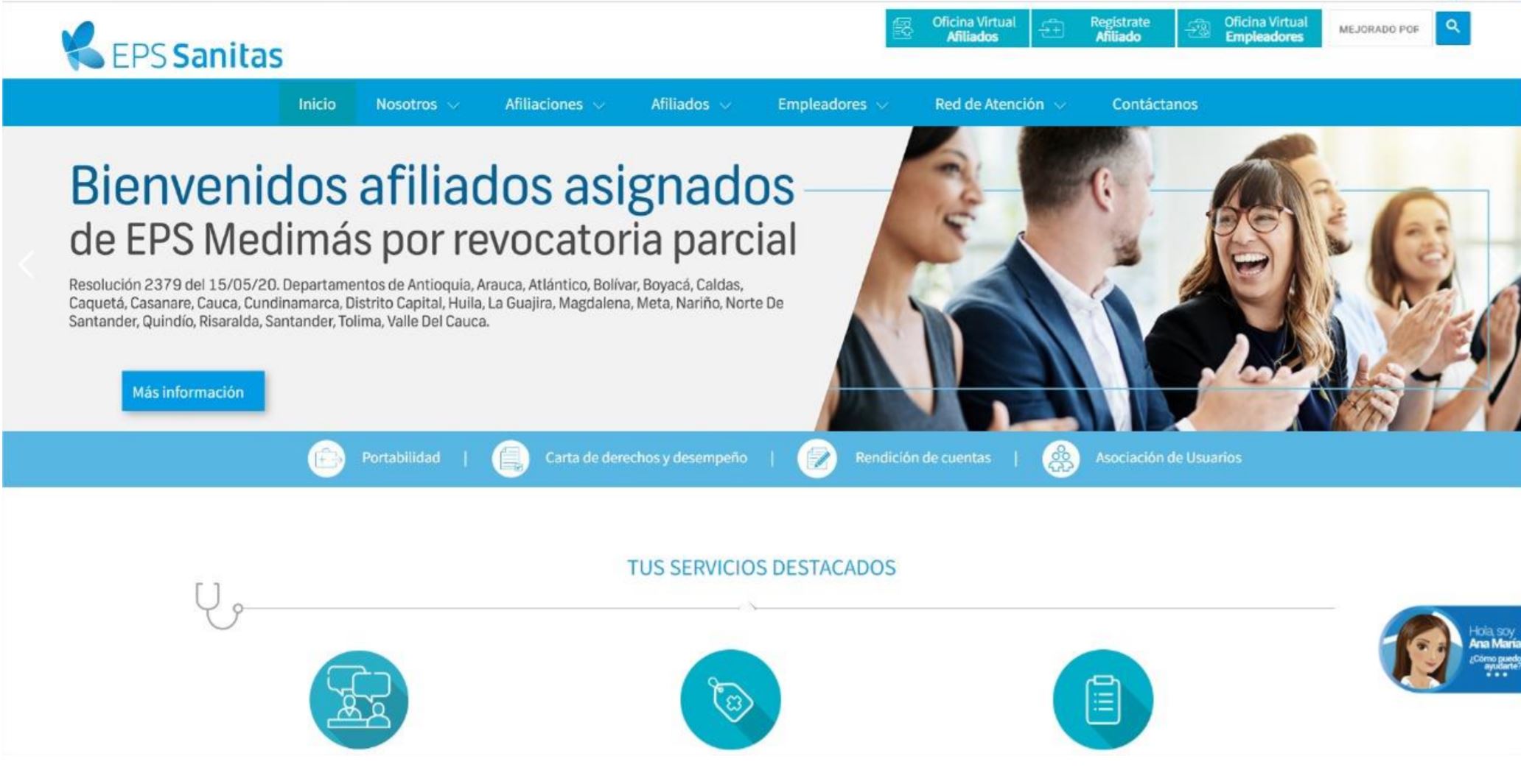 Así se veía la página de la EPS Sanitas cuando la Supersalud ordenó la salida de Medimás de ocho departamentos.