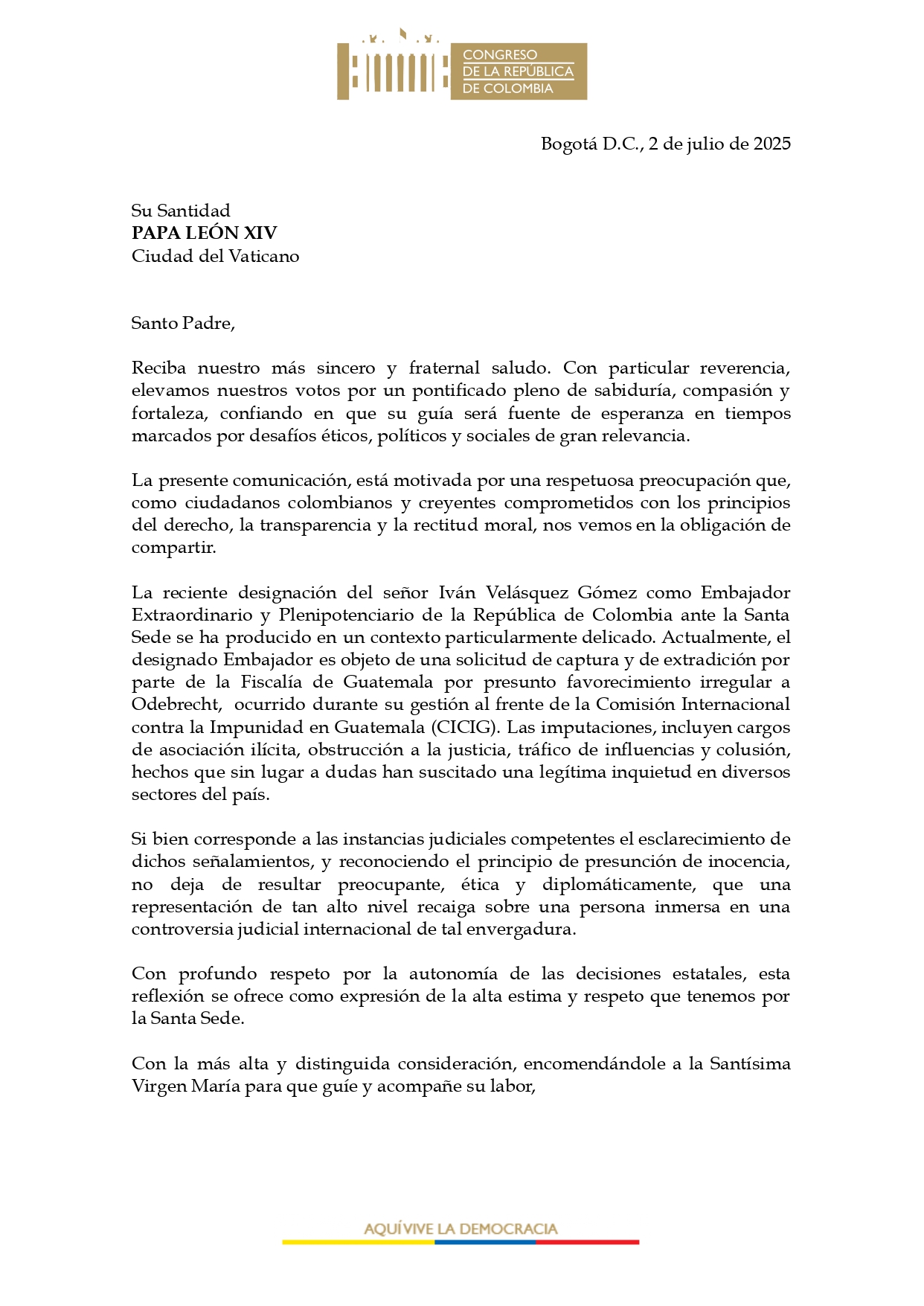 Carta de congresistas del Centro Democrático al papa León XIV