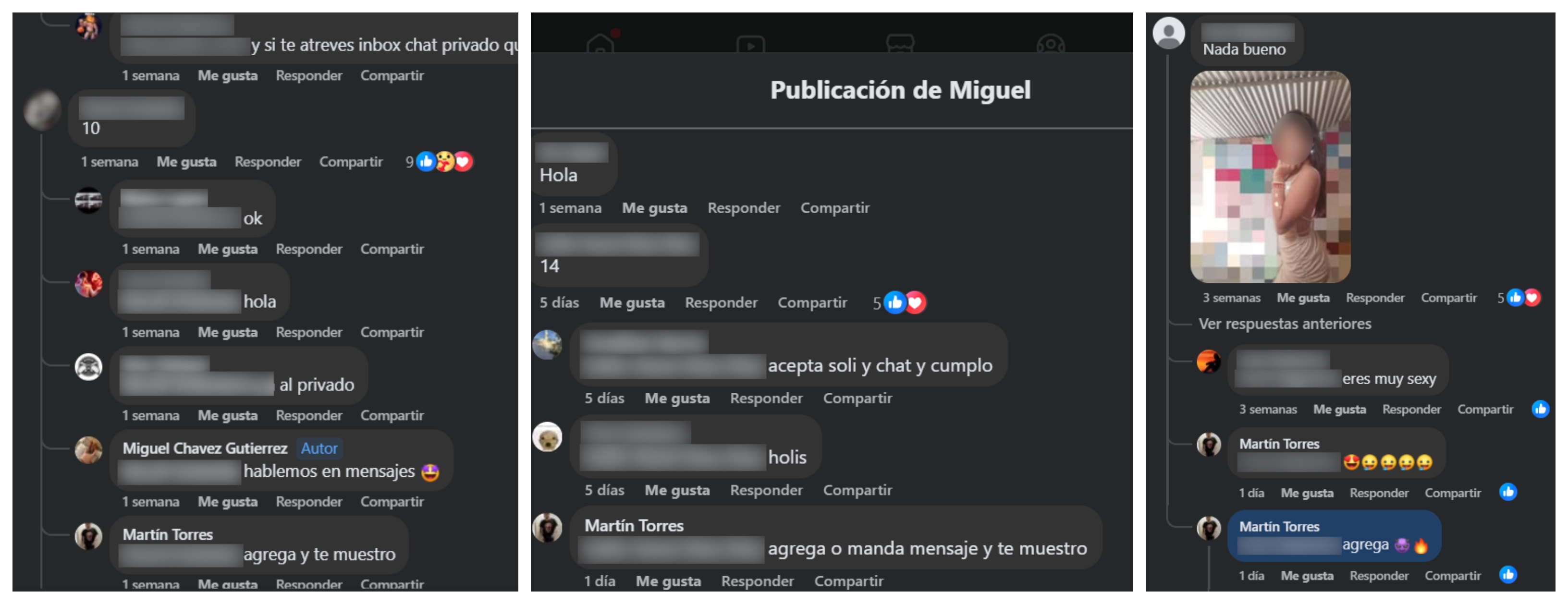 Captura de pantalla de conversaciones públicas, visibles en febrero de 2025, en grupos de Facebook. Allí, a través de “retos” les piden a niñas que agreguen a adultos varones para mostrarles o pedirles contenido sexual explicito en mensajes privados.
