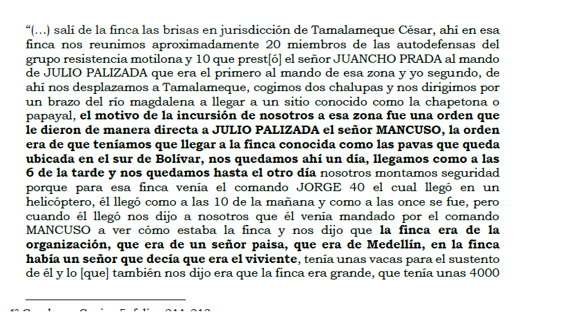 Declaración rendida por Wilson Poveda Carreño, conocido como Rafa, miembro del Bloque Norte de las AUC. Según su testimonio, la incursión a Las Pavas era ordenada desde la cúpula del grupo paramilitar: la Casa Castaño, Salvatore Mancuso y Jorge 40.