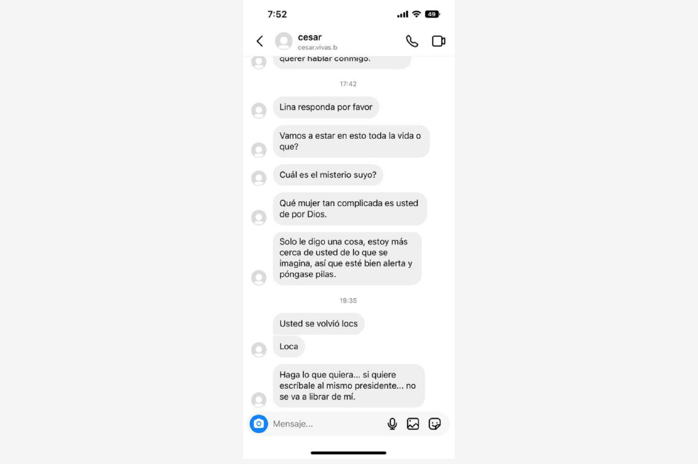 Mensaje enviado por Cesar Vivas a Lina Rezk por redes sociales.