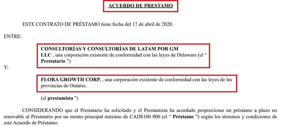 En 2020, a través de otra de sus empresas, Gabriel Morales le prestó 100.000 dólares canadienses a la empresa Flora Growth.