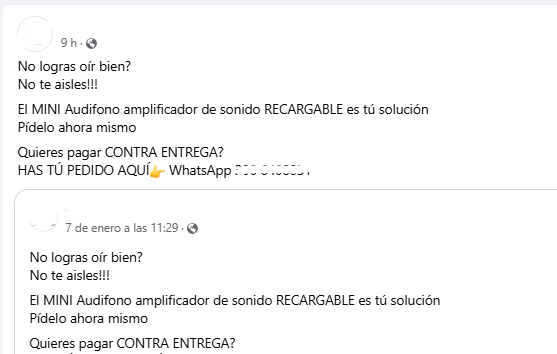 Anuncios en redes sociales de los audífonos amplificadores sin registro sanitario.