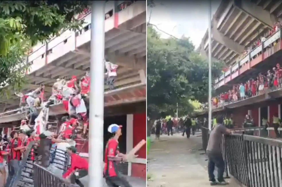 Captura de pantalla del momento en el que hinchas del Cúcuta Deportivo intentan ingresar de manera violenta al estadio General Santander.