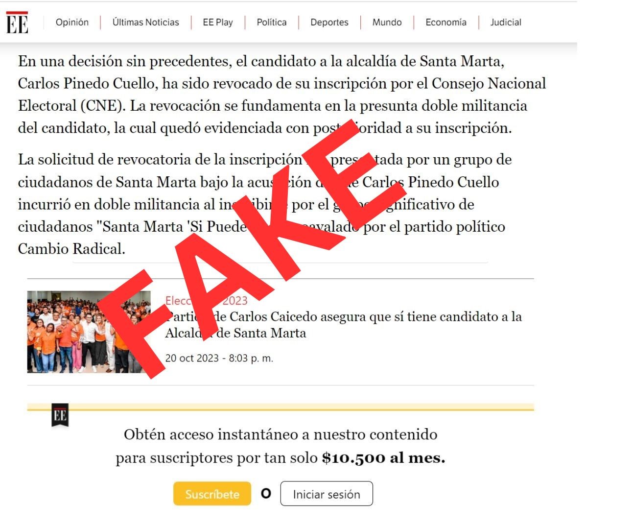 Así se ve la página creada para divulgar esta noticia falsa.