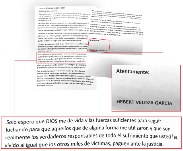 Respuesta que Hebert Veloza García le dio a Enilda Jiménez, el 11 de noviembre de 2019.