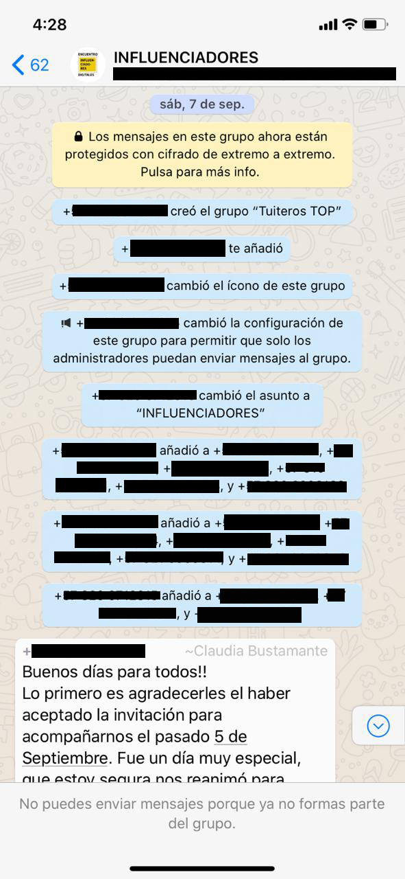 Imagen de la creación del chat con influenciadores afines al uribismo.CortesíaUno de ellos compartió con La Liga Contra el Silencio toda la actividad del chat* a la que tuvo acceso. Este medio logró identificar a 63 de los 88 integrantes del chat, así como sus cuentas de Twitter asociadas, también accedió al contenido del chat que hasta ahora era un misterio y, con una empresa de tecnología, averiguó el alcance de la red.