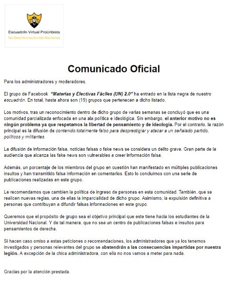 Panfleto que le llegó a los administradores de Materias Electivas Fáciles 2.0Tomada de redes sociales.
