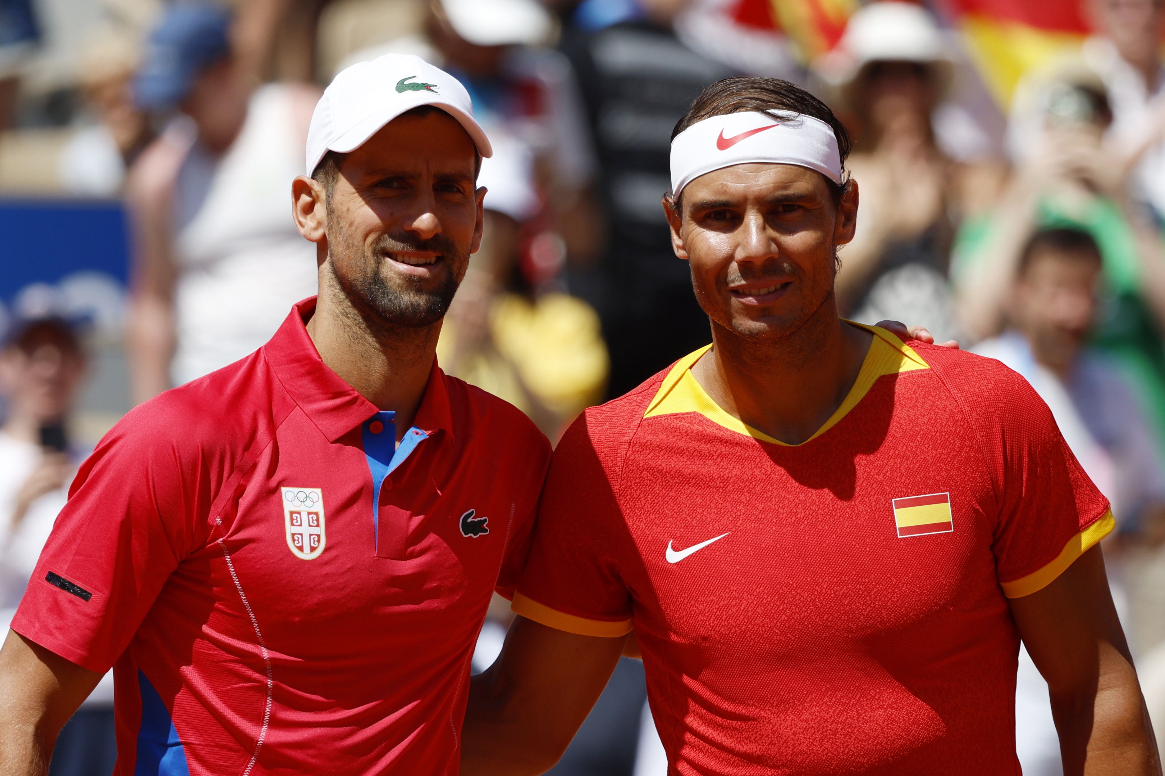 Paris (France), 29/07/2024.- Rafael Nadal (R) of Spain and Novak Djokovic of Serbia pose for photos ahead of their Men's Singles second round match at the Tennis competitions in the Paris 2024 Olympic Games, at the Roland Garros in Paris, France, 29 July 2024. (Tenis, Francia, España) EFE/EPA/FRANCK ROBICHON