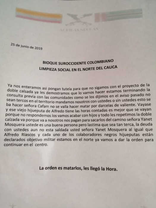Panfleto amenazante de las Águilas NegrasCortesía