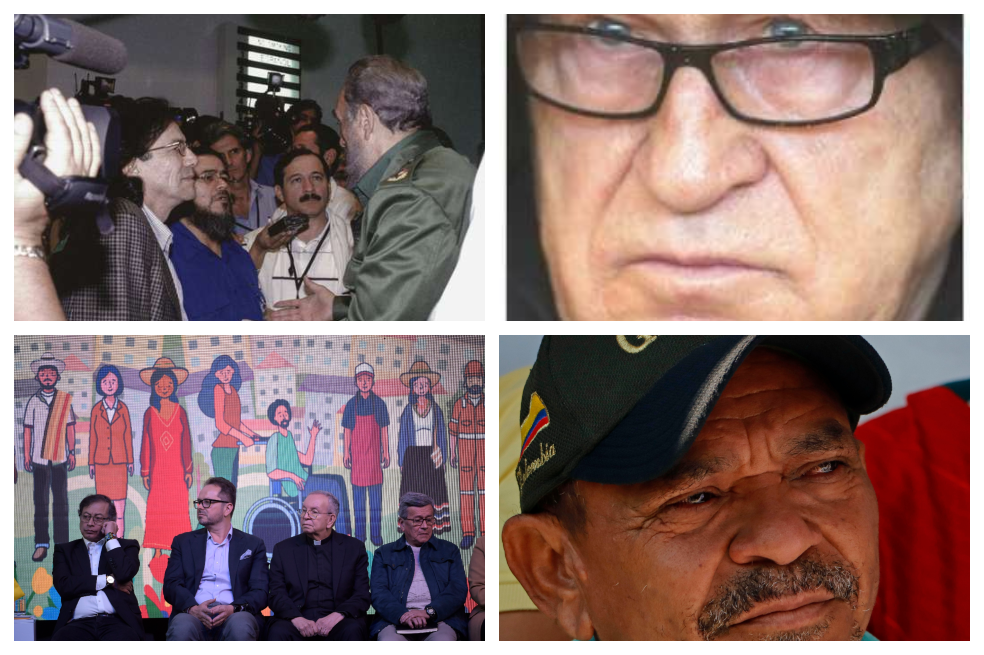 De izquierda a derecha y de arriba hacia abajo: Delegación del ELN encabezada por Carlos Velandia, en Cuba; Werner Mauss, exespía alemán; Gustavo Petro y los negociadores de paz; 'Mane Díaz'.