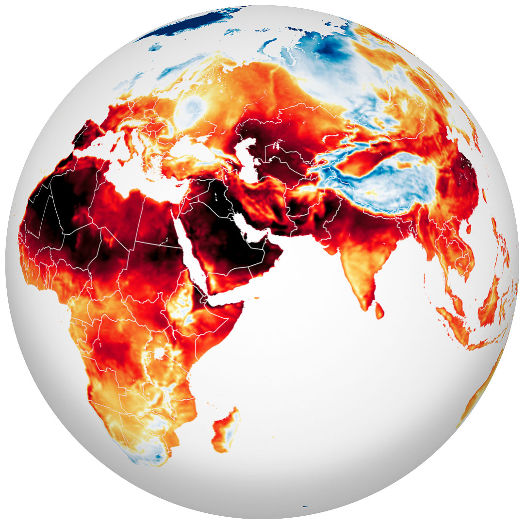 El mapa de arriba muestra las temperaturas del aire en la superficie en la mayor parte del hemisferio oriental el 13 de julio de 2022. /NASA