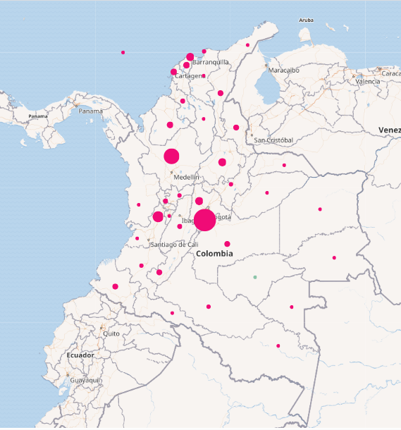 Mapa de Colombia con la distribución de casos confirmados de coronavirus desde que inició la pandemia.