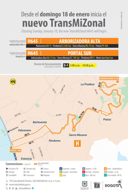 Inicia operación a partir del domingo 18 de enero los domingos y festivos de 5:00
a. m. a 10:00 p. m.
El servicio beneficiará aproximadamente 2.000 usuarios y operará con una flota de siete buses con capacidad para 50 pasajeros cada uno, con un intervalo de paso de 10 minutos.trans