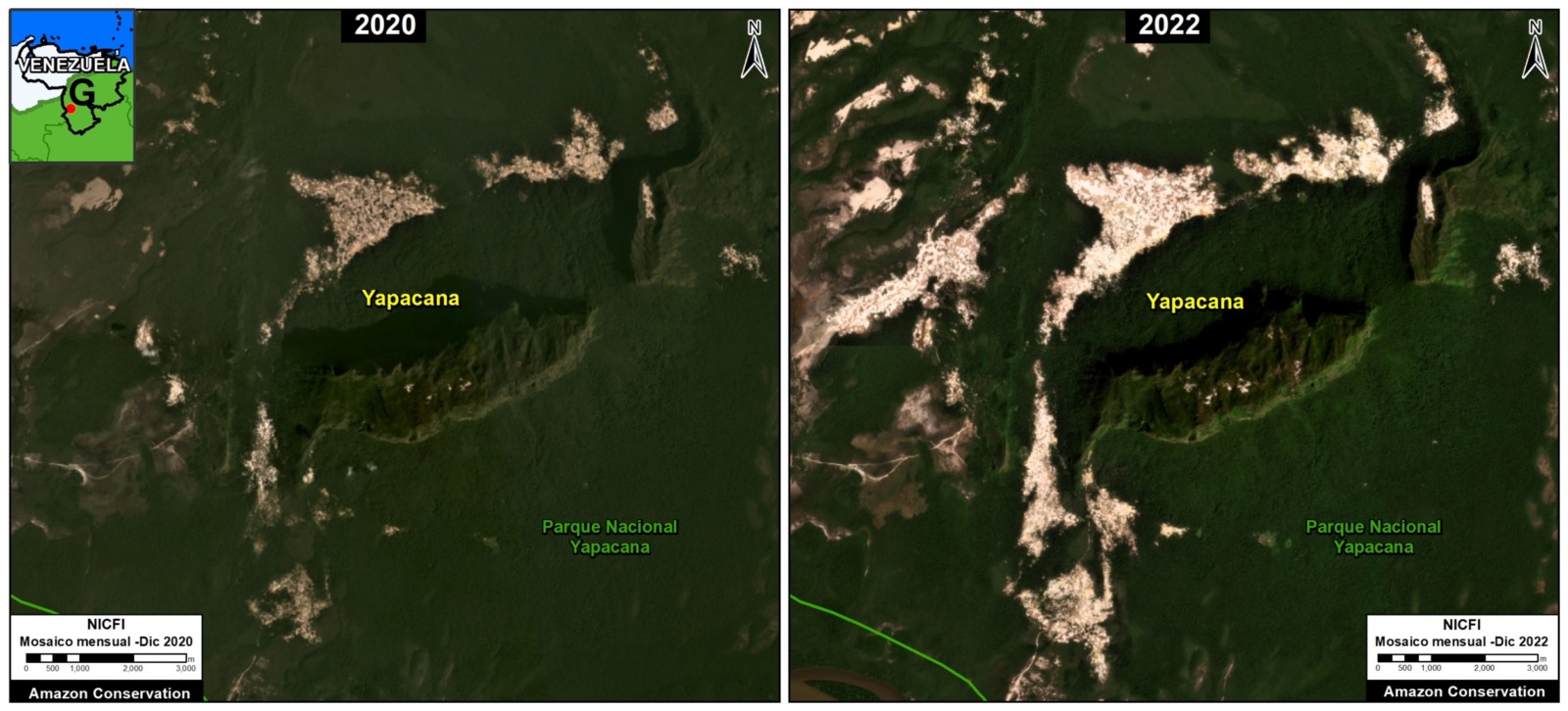 Deforestación por minería de oro en el Parque Nacional Yapacana, en la Amazonia venezolana. / Foto: Proyecto MAAP
