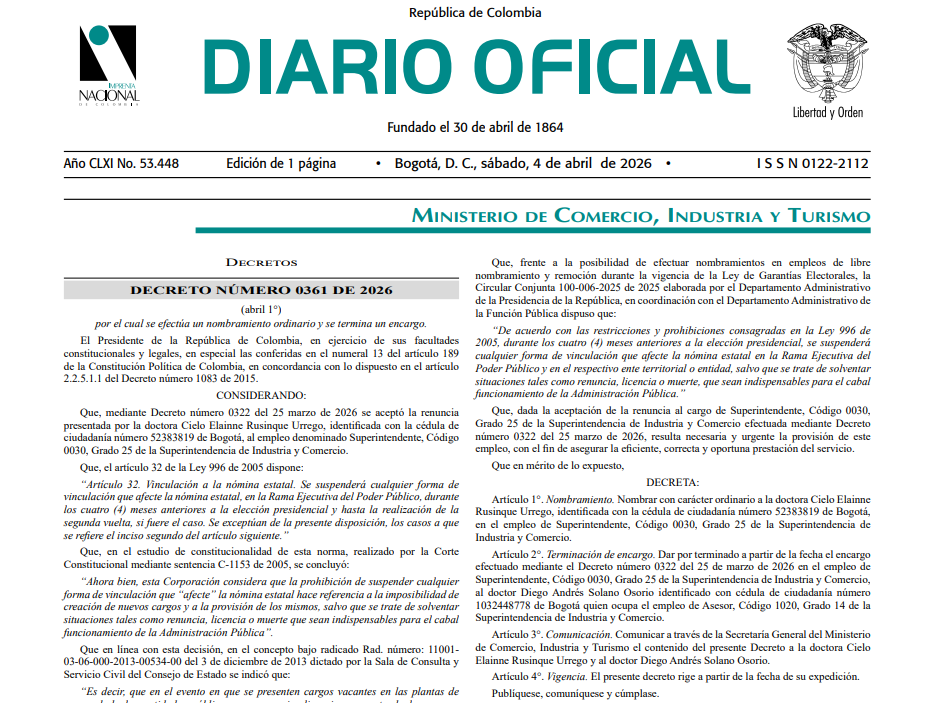 Cielo Rusinque regresa a Superintendencia de Industria y Comercio.