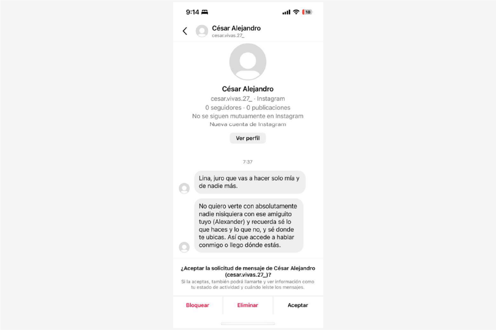 Mensaje enviado por Cesar Vivas a Lina Rezk por redes sociales.