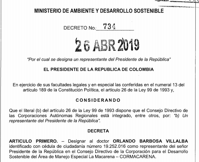 Decreto que nombra a Orlando Barbosa Villalba en Cormacarena.PresidenciaTrasudando, Barreras marcaba para conseguir el voto. Maritza no se encontraba. Al tiempo, los ojos se posaron en la senadora de Cambio Radical, Ana María Castañeda, que tampoco estaba. El rumor que se regó en el Capitolio es que se encontraba en la Secretaría General del Senado junto con su esposo, el exsenador Mario Fernández Alcocer, quien figura vinculado en procesos por parapolítica y corrupción electoral. Sin embargo, Castañeda le salió al paso a las críticas y se declaró impedida moralmente para votar las objeciones, pues considera que se deberían votar una a una y no en bloque.