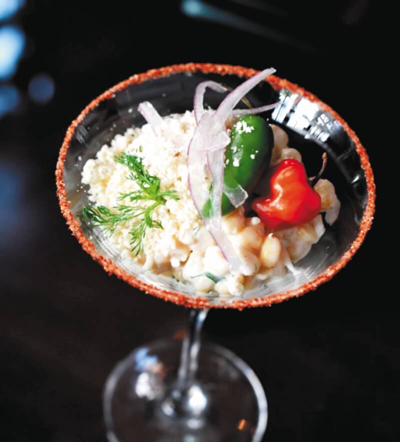 Ceviche de maíz, queso costeño y leche de tigre de jalapeños