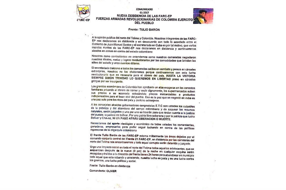 Panfleto amenazante anuncia disidencia de las Farc en el norte del Tolima