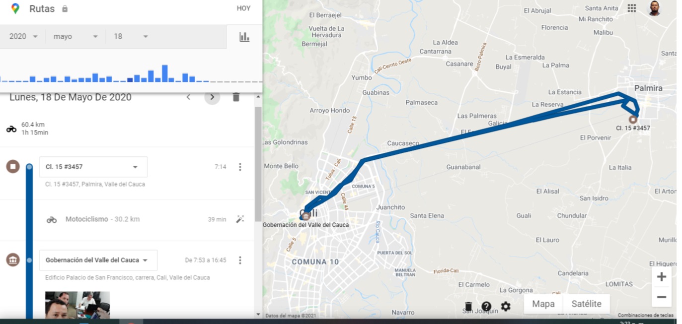 Captura de pantalla del aplicativo Rutas del GPS de Google del celular de Harold Ordóñez el 18 de mayo del 2020.
