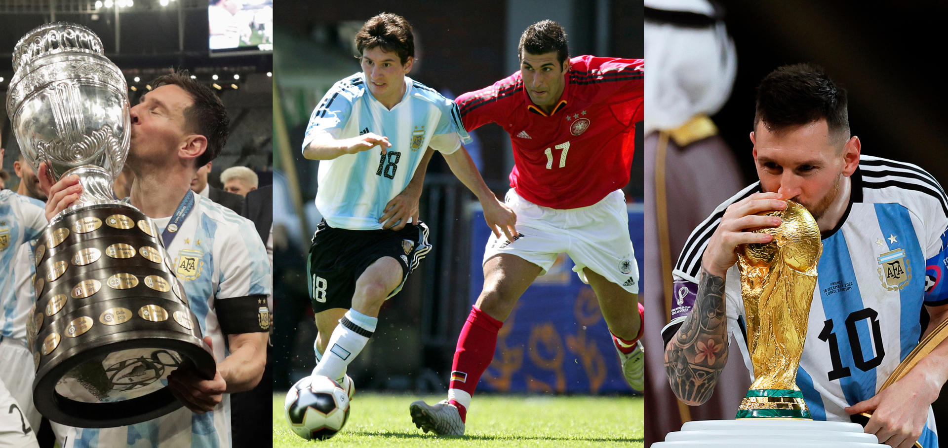 AMDEP2584. BOGOTÁ (COLOMBIA), 03/09/2025.- Combo de fotografías de archivo que muestra de izquierda a derecha al jugador argentino Lionel Messi levantando la Copa América 2021 en el estadio Maracaná, jugando un partido en el Mundial Sub 20 en Holanda y besando la Copa Mundial de Fútbol de Qatar 2022. Tras 20 años de su debut en la selección argentina, Messi llega a su último partido oficial en casa -este jueves ante Venezuela por la penúltima fecha de las eliminatorias suramericanas del Mundial 2026- como líder absoluto de todas las estadísticas: nadie como él jugó tantos partidos, marcó tantos goles ni brindó tantas asistencias en la Albiceleste. EFE/ARCHIVO
