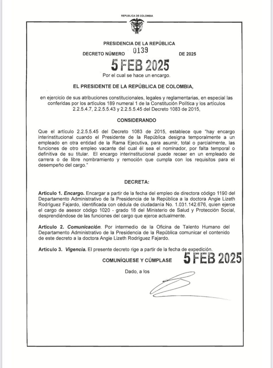Decreto con el que quedó firme la designación de Angie Rodríguez como directora del Dapre en encargo.