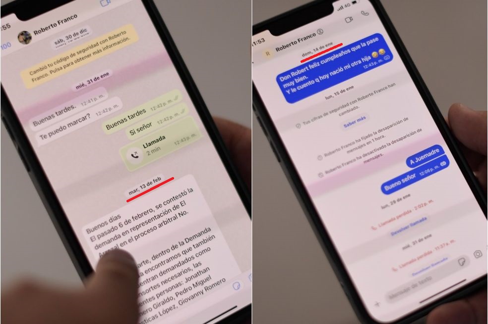 Captura de pantalla proporcionada a este diario por Jonathan Romero Giraldo, sobre su última conversación por WhatsApp con Hernán Roberto Franco.