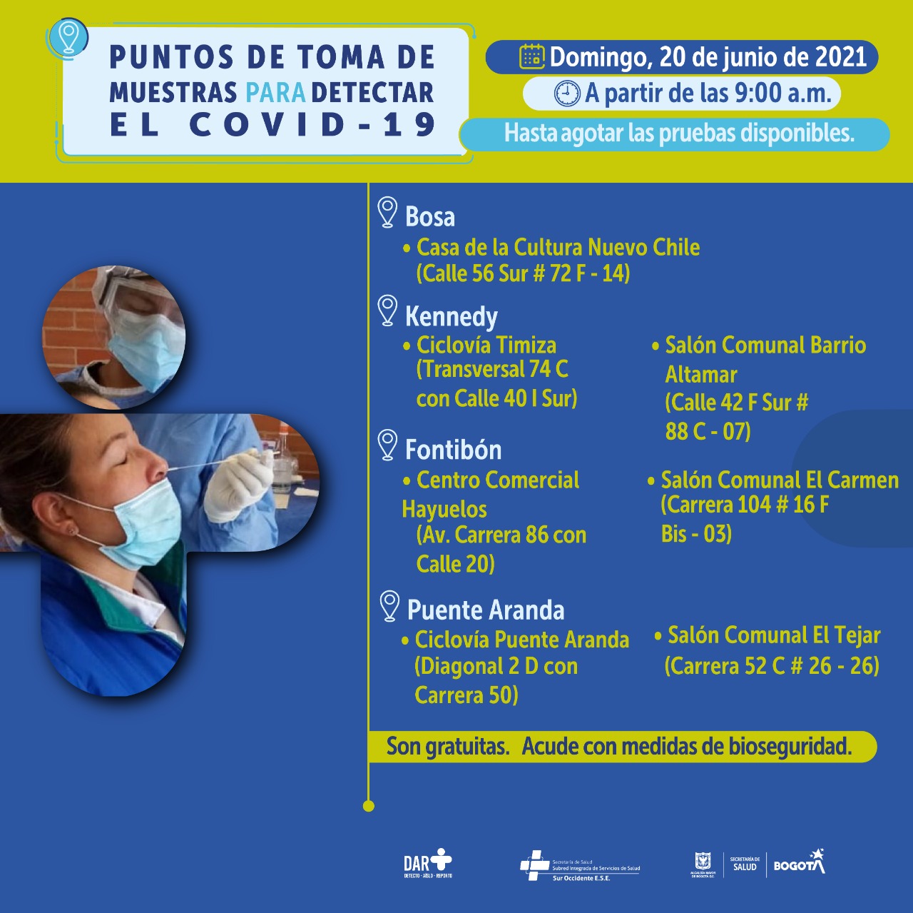 ¡Ojo! En estos puntos hay pruebas gratis de COVID-19 este domingo en Bogotá