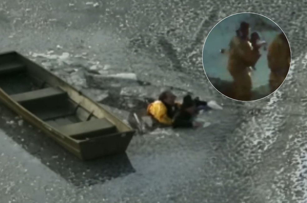 (Video) Heroico rescate de un perro y su dueño luego de caer en un lago helado