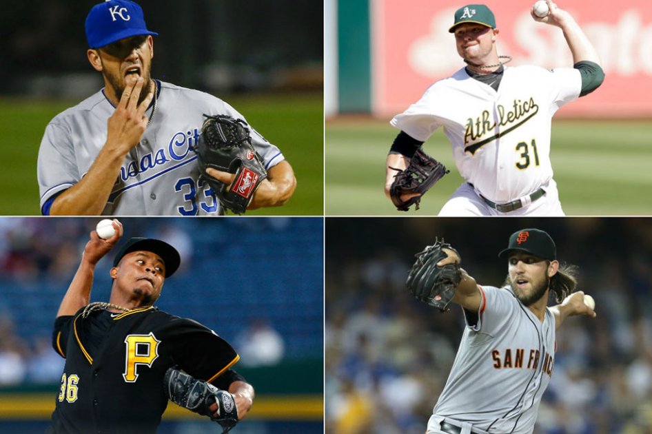 James Shields (Reales de Kansas City) y Jon Lester (Atléticos de Oakland) (arriba) serán los abridores del juego por el comodín de la Liga American; Edison Volquez (Piratas de Pittsburgh) y Madison Bumgarner (Gigantes de San Francisco) (abajo) serán los abridores de partido por el comodín de la Liga Nacional.