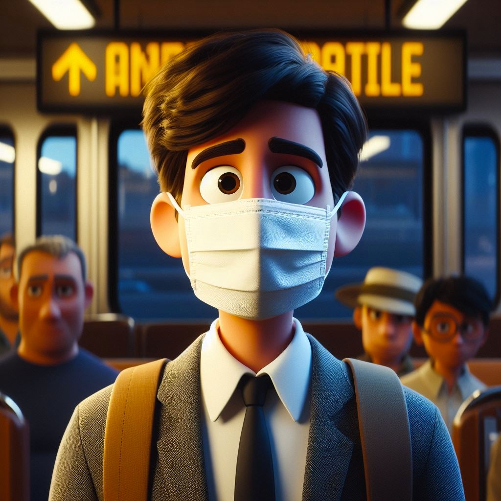 Imagen creada con IA , estilo Disney, del hombre del tapabocas.