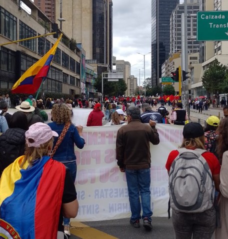 Personas marchan detrás de la bandera de Colombia.
