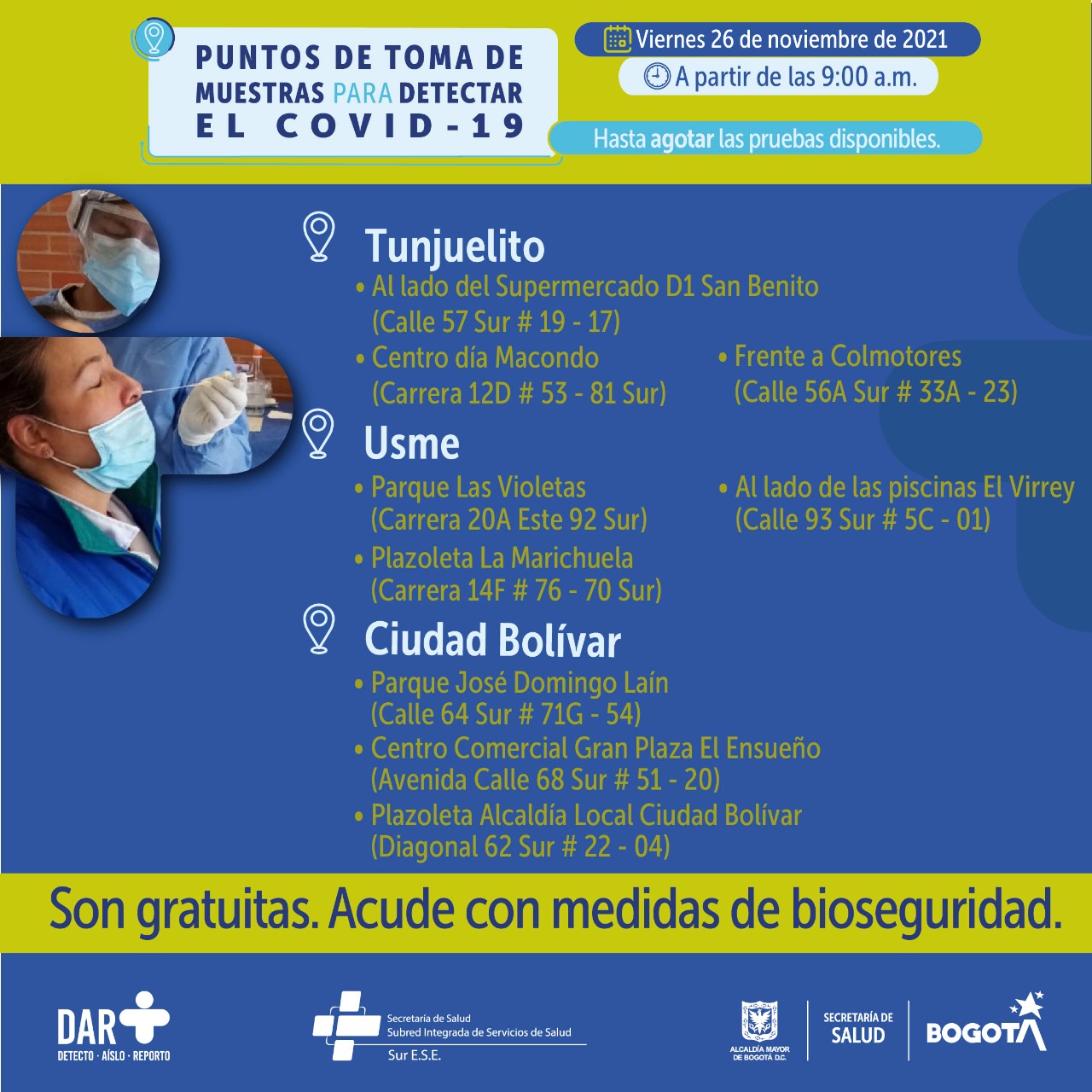 En estos puntos habrá pruebas gratuitas para Covid-19 este viernes en Bogotá.