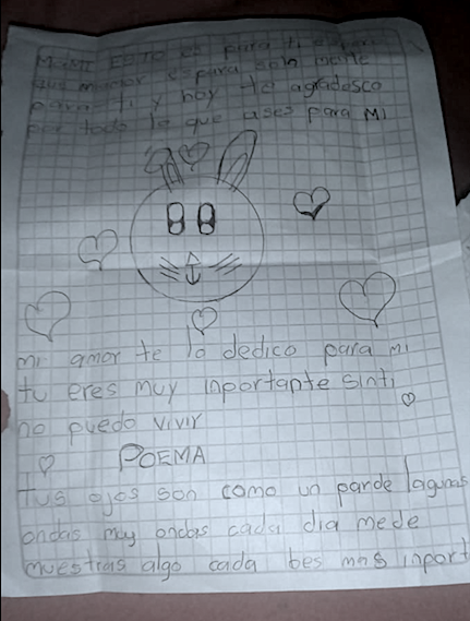 Una nota que escribió la hija de Mayerly durante el periodo de cuarentena