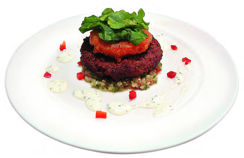 Receta del día: hamburguesa sobre puré de berenjena con tomate apanado