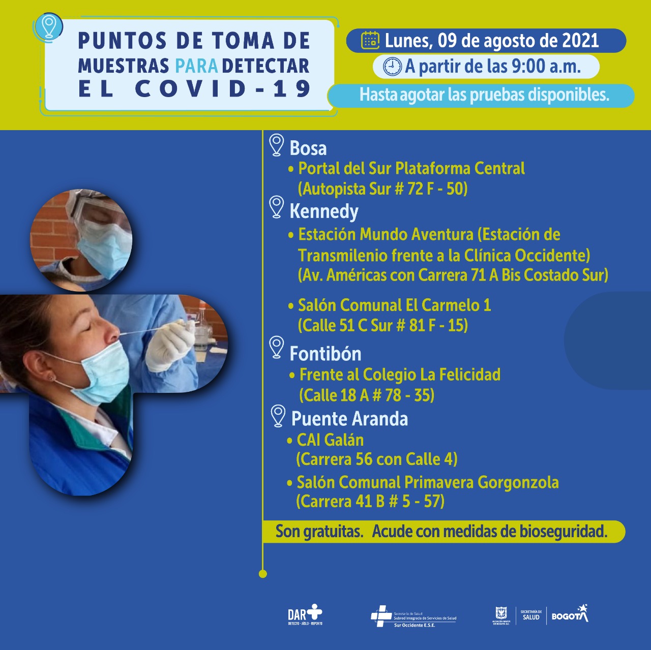 Puntos de tomas de prueba de COVID-19 en Bogotá para este 9 de agosto.