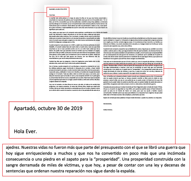 Carta de Enilda Jiménez al excomandante paramilitar Hebert Veloza, responsable de la muerte de su padre.