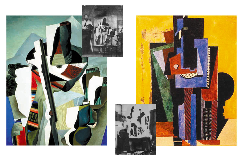 De izquierda a derecha: "Paisaje Zapatista", de Diego Rivera y el autor posando junto a esa obra. "Hombre apoyado en una mesa", de Pablo Picasso. La obra que se cree tiene algunas partes copiadas de la pintura de Diego Rivera. / Cortesía