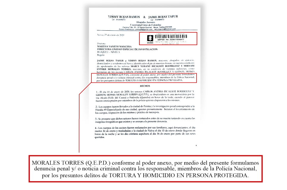 Pie de foto:Esta es la denuncia penal que los abogados de las familias radicaron el viernes pasado ante la Unidad Especial de Investigación de la Fiscalía, para que se investigue a la Policía por los delitos de tortura y homicidio en persona protegida.