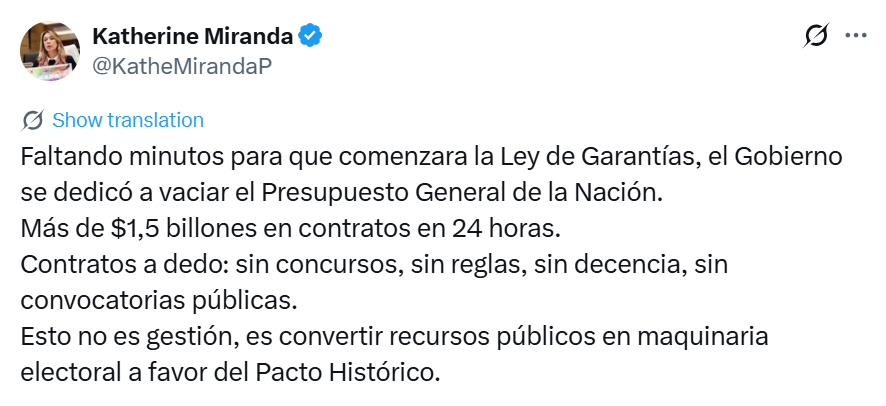 Katherine Miranda denunció “maratón de contratos” a menos de 24 horas de comenzar la Ley de Garantías