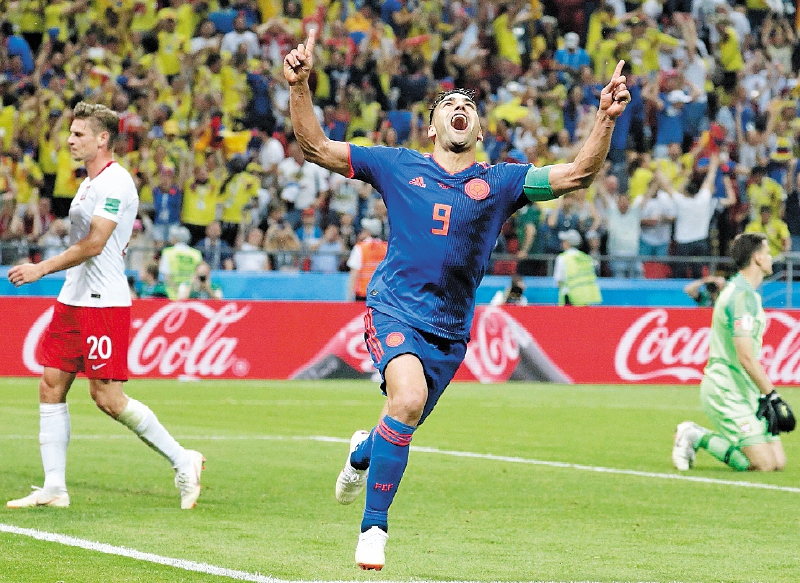 Radamel Falcao celebrando su primer gol en una Copa del Mundo. Segunda fecha del grupo H contra Polonia en el Mundial de Rusia 2018, Arena Kazan.