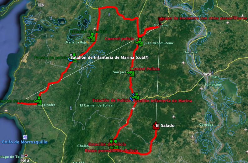 Recorrido de los paramilitares durante la masacre de El Salado. / Informe "El silencio de las gaitas".
