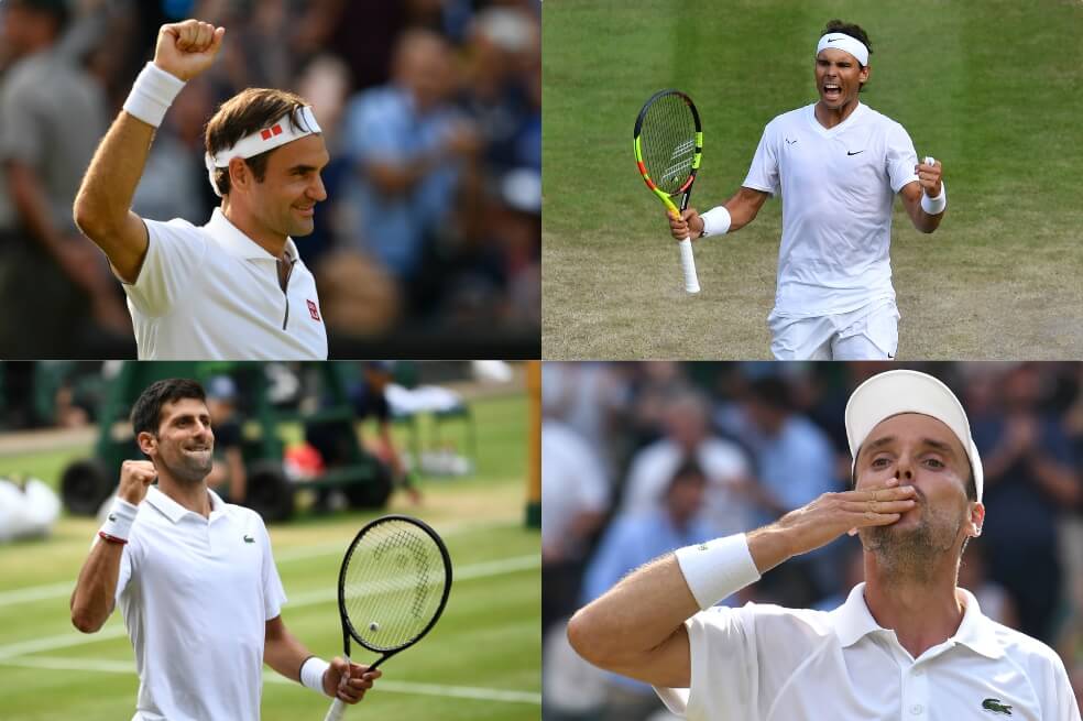 Los españoles Rafael Nadal y Roberto Bautista, el serbio Novak Djokovic y el suizo Roger Federar, los protagonistas de las semifinales de Wimbledon 2019. / AFP