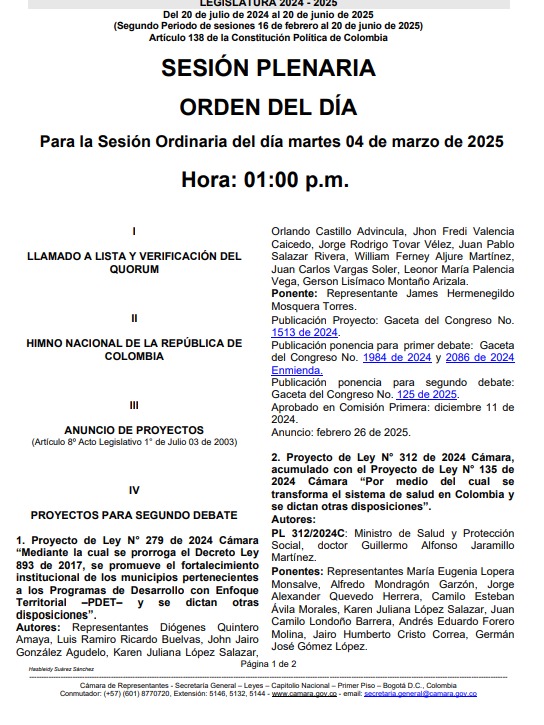 Se agendó reforma a la salud en la plenaria de la Cámara.