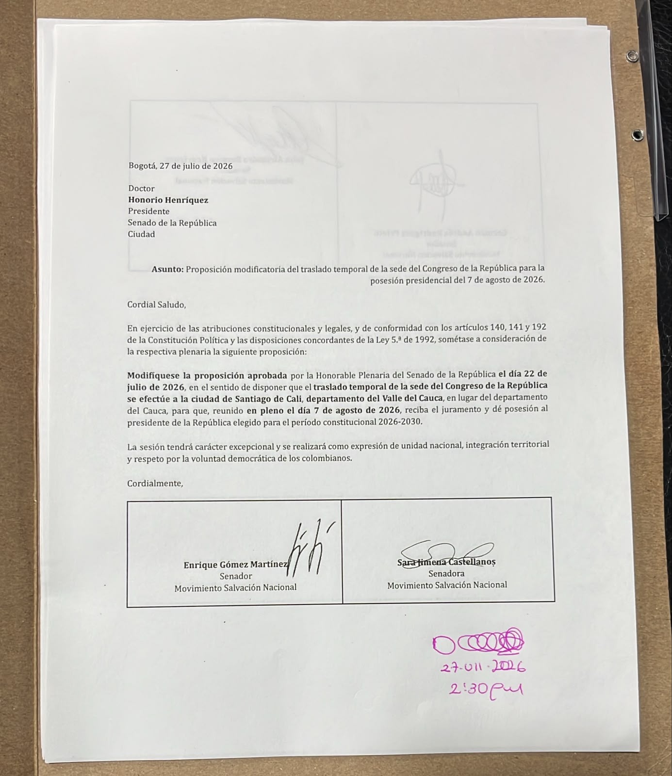 Proposición Senado De la Espriella posesión